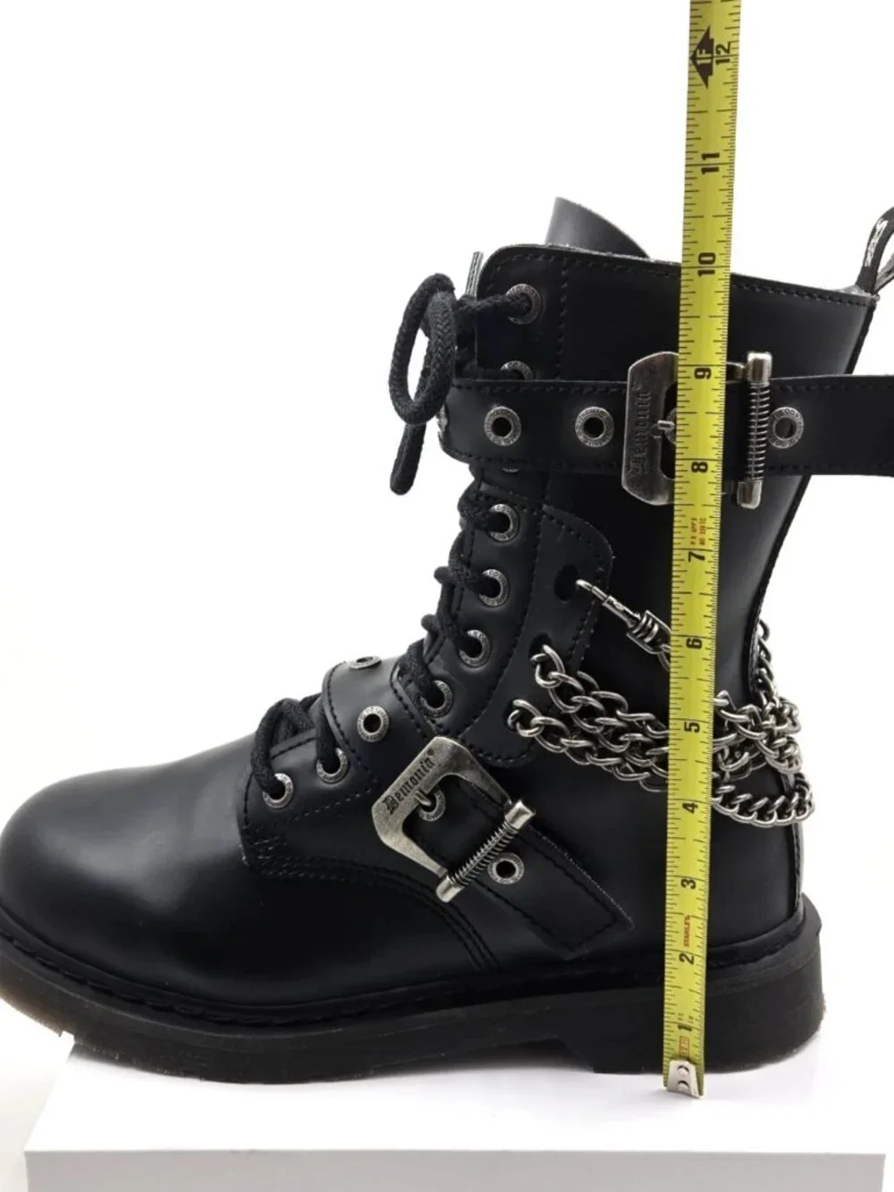 DEMONIA Bolt 250 Mens Sz 10 Black Goth Combat Biker Side Zip Buckle Chains Boots